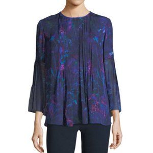 Elie Tahari Orion Silk Blouse, Navy Blue floral, Size Small, 3/4 Bell Sleeve